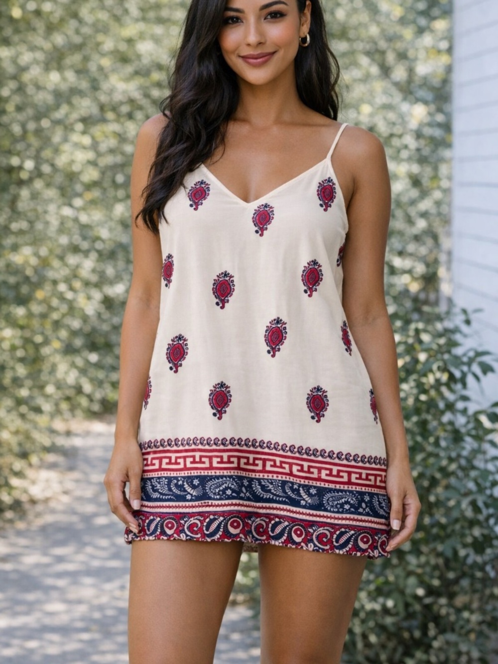 A New York White Paisley Print Spaghetti Strap Dress